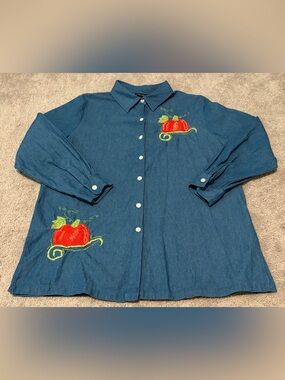 Jeevan Life Wear Women’s Fall Pumpkin Long Sleeve Button Down Shirt Size Large